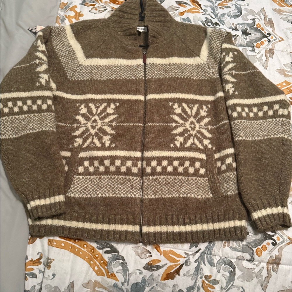 Land’s End Wool Full Zip Men's Brown and Cream Sweater Large New Without tags